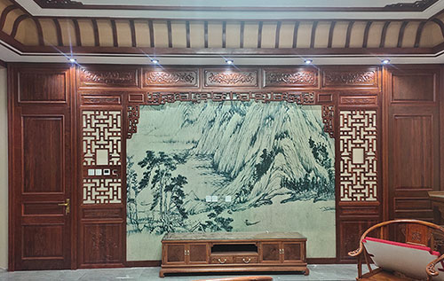 双辽中式仿古别墅客厅背景墙花格木作装饰
